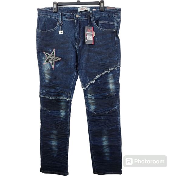 NEW BlacX Jeans Mens Distressed Patchwork Standard Fit Jeans 36x30 - Picture 1 of 9